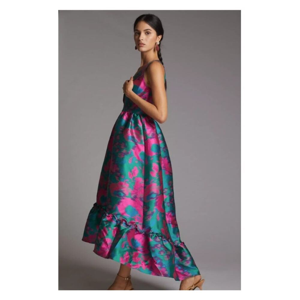 Anthropologie Hutch Jacquard Deep V High Low Midi Dress Pink Size 10 NEW - Picture 2 of 12